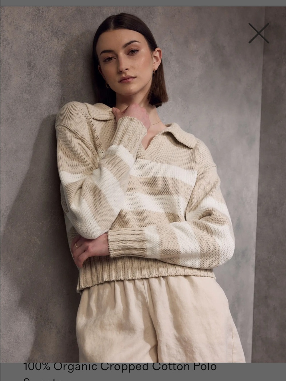 Quince Beige and White Striped V‑Neck Polo Sweater